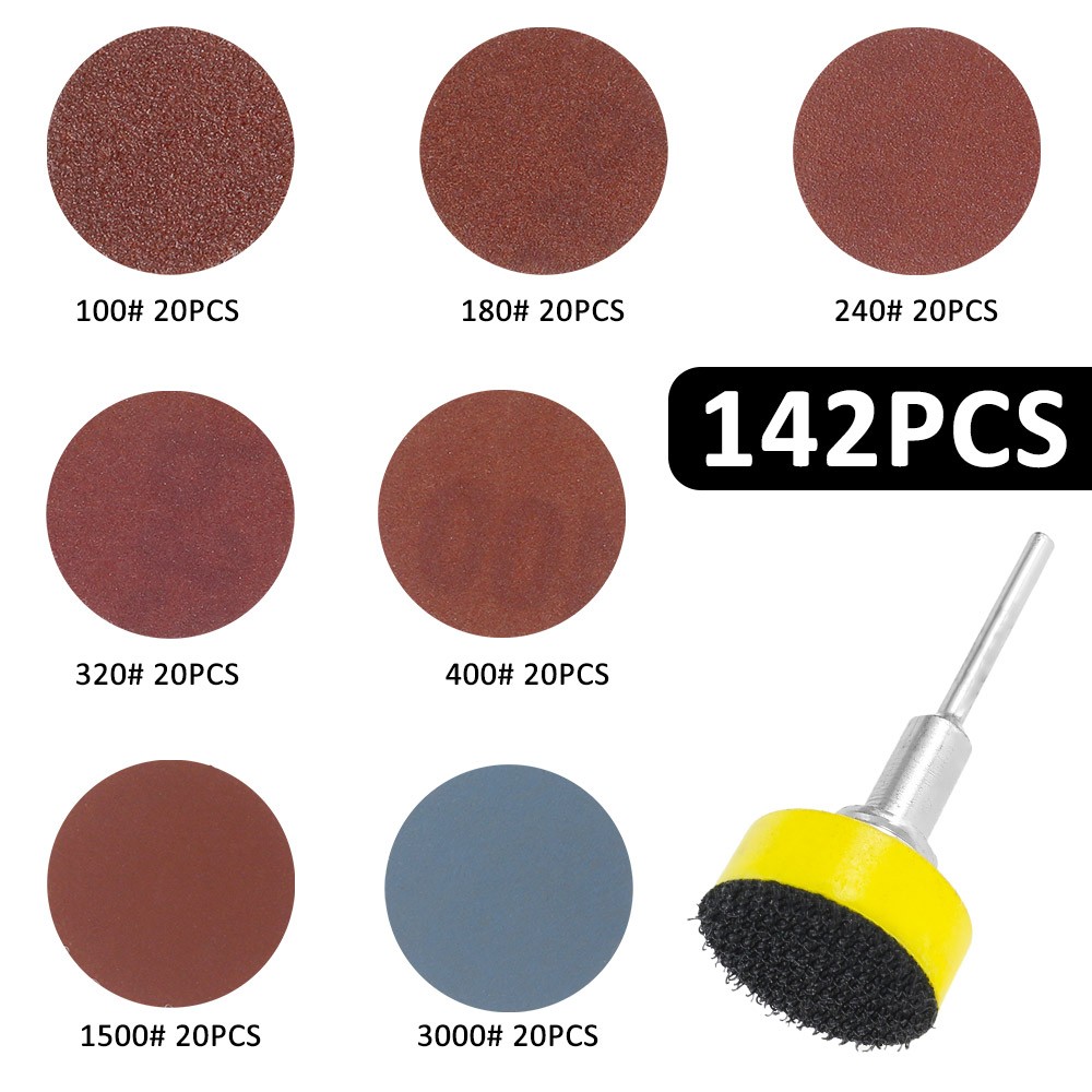 140pcs wet dry sandpaper assortment 100-3000 grit sanding disc 1" 25mm sand paper with hook and loop sanding pad and shank