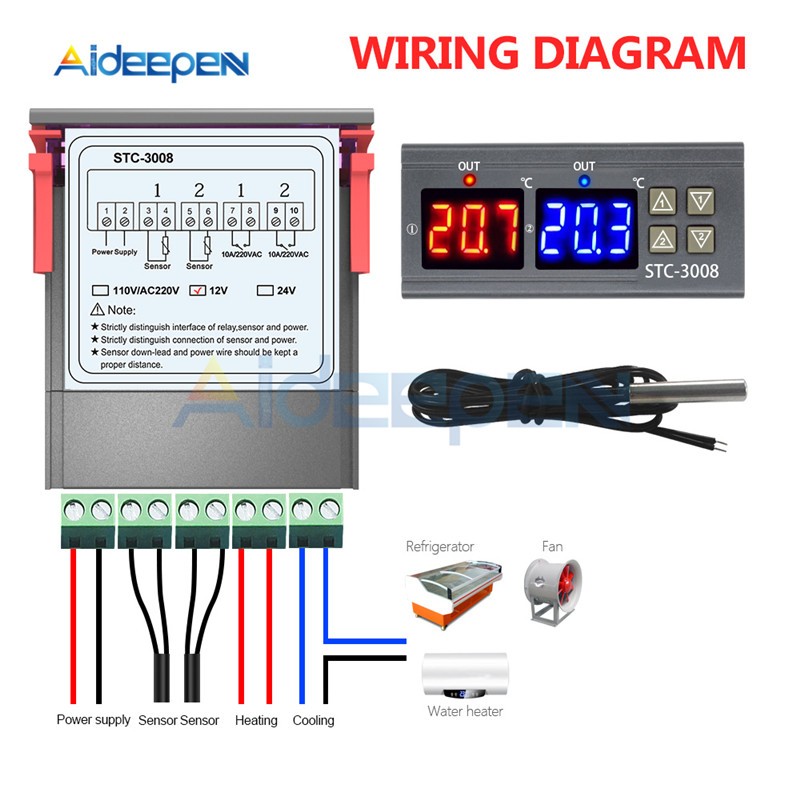 STC-3008 3018 3028 AC 110V 220V DC 12V 24V 10A Dual Digital Temperature Humidity Controller Heating Cooling Two Relay Output