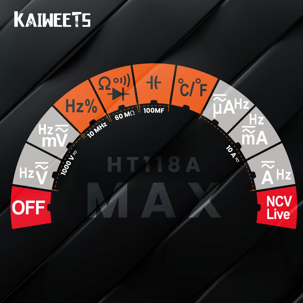 KAIWEETS HT118A جديد رقمي متعدد Ture RMS السيارات المدى متعدد 1000 فولت 10A التيار المتناوب تيار مستمر أوم هرتز NCV لايف الجهد مقياس الحرارة