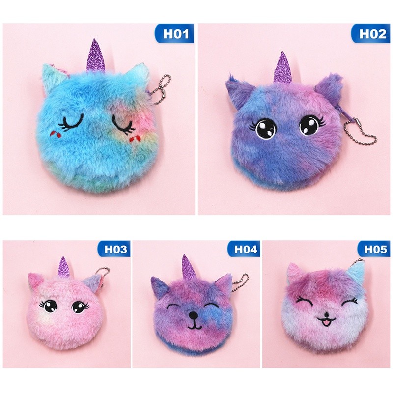 Cute Cat Fur Circle Purse Girl Clutch Bag Embroidered Key Headphone Organizer Pouch Kids Gift Cartoon Plush Unicorn Coin Purse