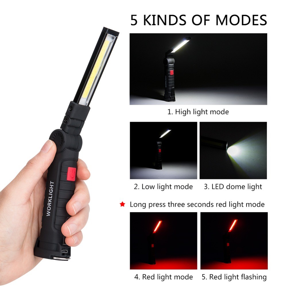 COB LED Flashlight Portable USB Rechargeable 5 Mode Car Work Light Magnetic Torch Hanging Hook Lamp for Camping Repair