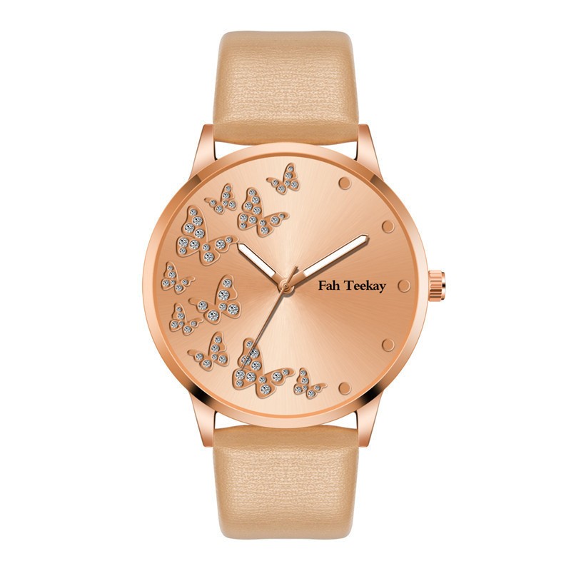 Fashion hot sale butterfly pattern gold faced women's quartz watch leather strap casual women's watch