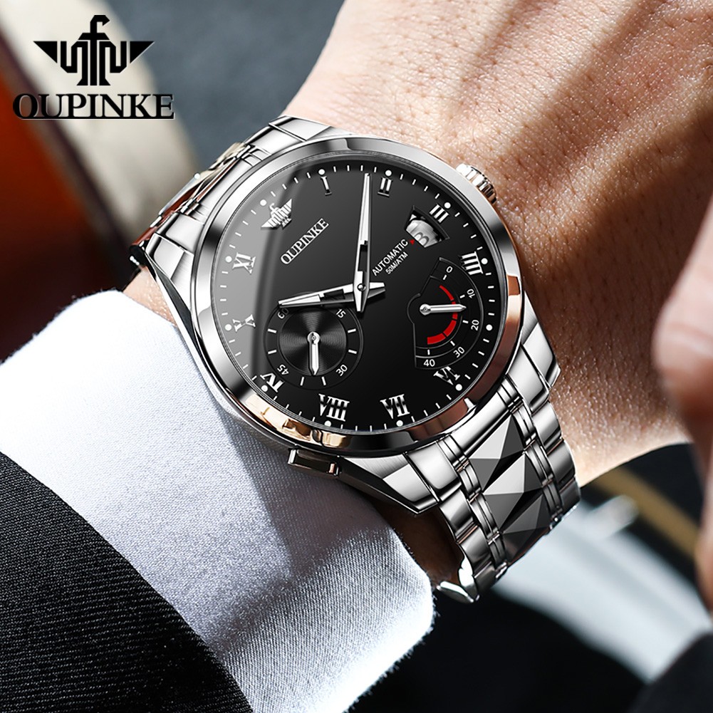 OUPINKE Top Brand Automatic Mechanical Movement Men's Watch Waterproof Tungsten Steel Strap Fashion Simple Men's Watch