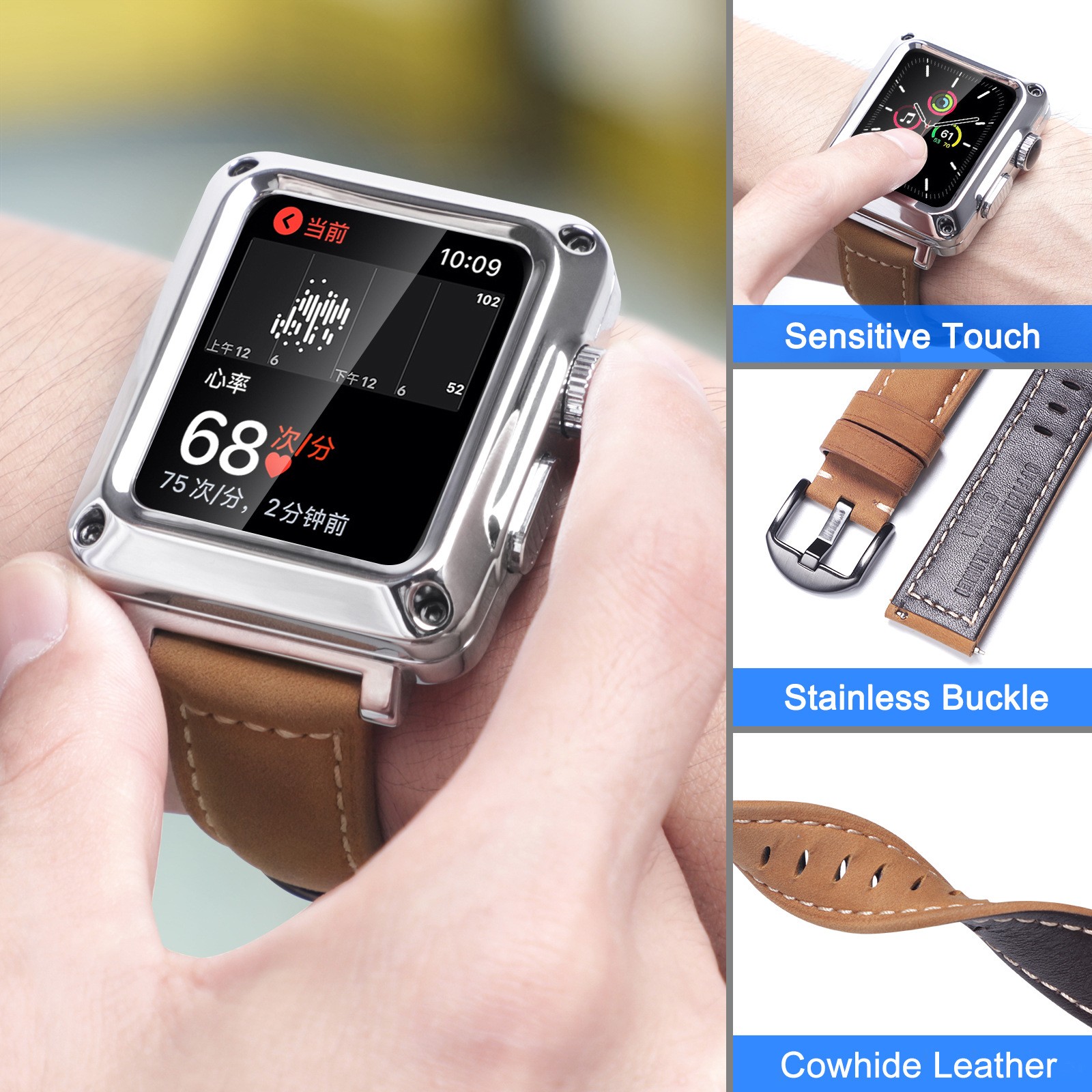 Bumper Case Genuine Leather Band for Apple Watch 6 SE 5 4 3 44mm 40mm Modification Tempered Film Kit for iWatch 42mm 38mm