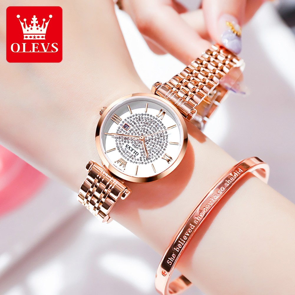 OLEVS Fashion Stainless Steel Solid Wristwatch For Women roma pon ila High Quality Waterproof Quartz Women Calendar Wristwatches