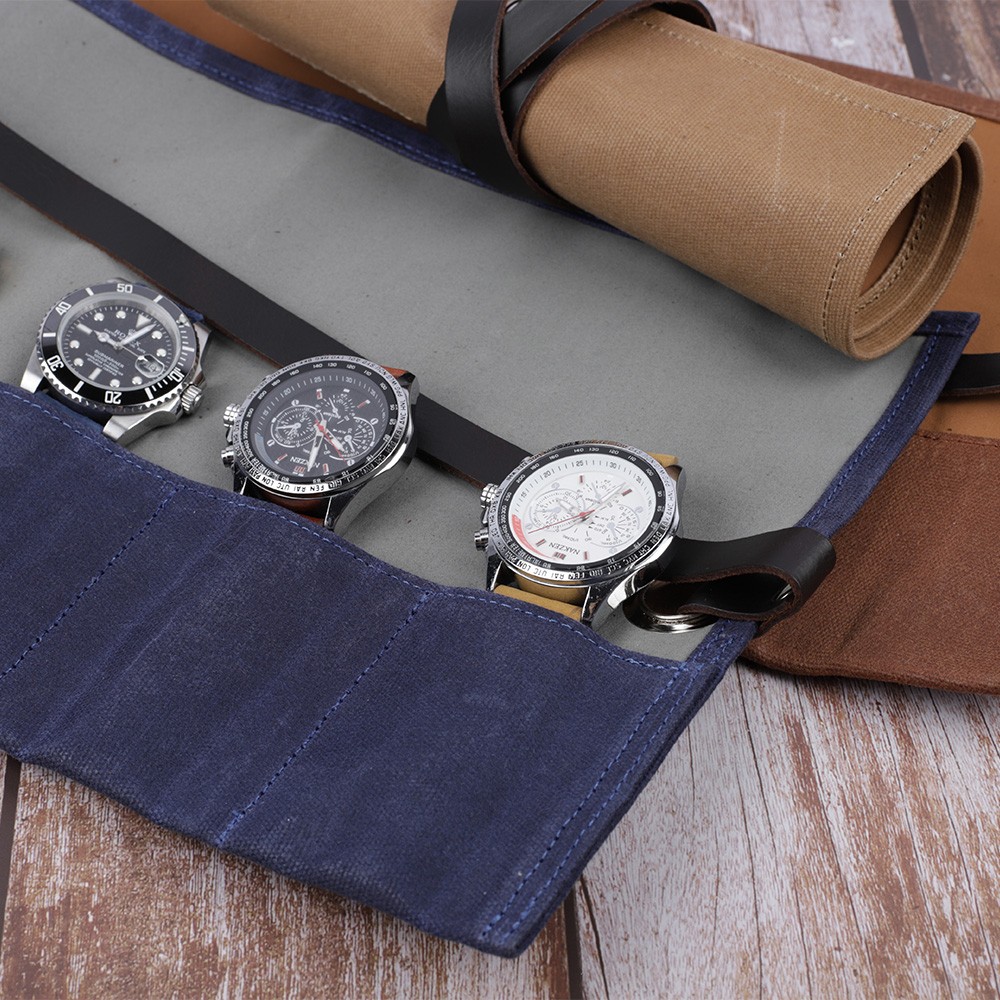 Watch Roll Storage Case Travel Wet Wax Canvas Watch Jewelry Protective Holder Box With Closure Watch Strap Pouch 5 Slots