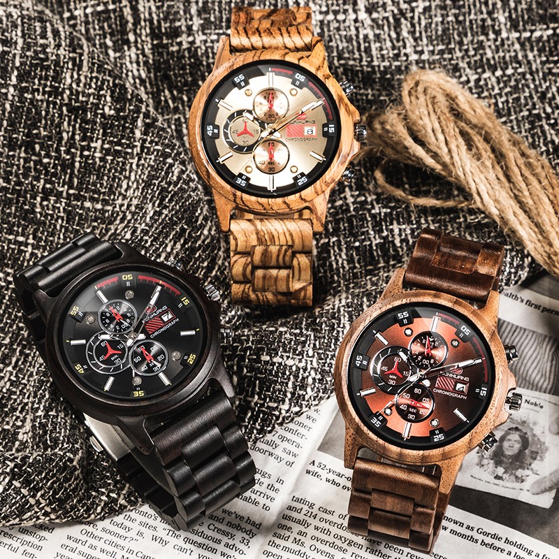 Kunhuang Men Watches Luxury Brand Wooden Walnut Sport Quartz Watch Men Fashion Date Chronograph Watch Relogio Masculino