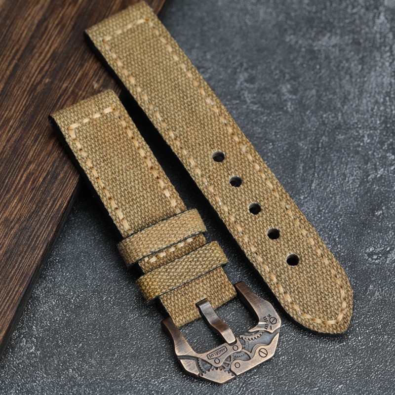 Handmade Canvas + Leather Watchband 20 22 24 26mm Compatible Bronze Strap Personalized Bronze Buckle