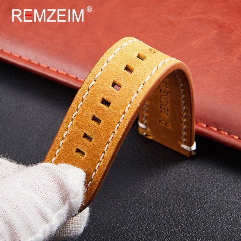 Remz Plaid - Genuine Leather Watch Band for Men and Women, Black, Blue, Gray, Brown, Cowhide, 18mm, 20mm, 22mm, 24mm