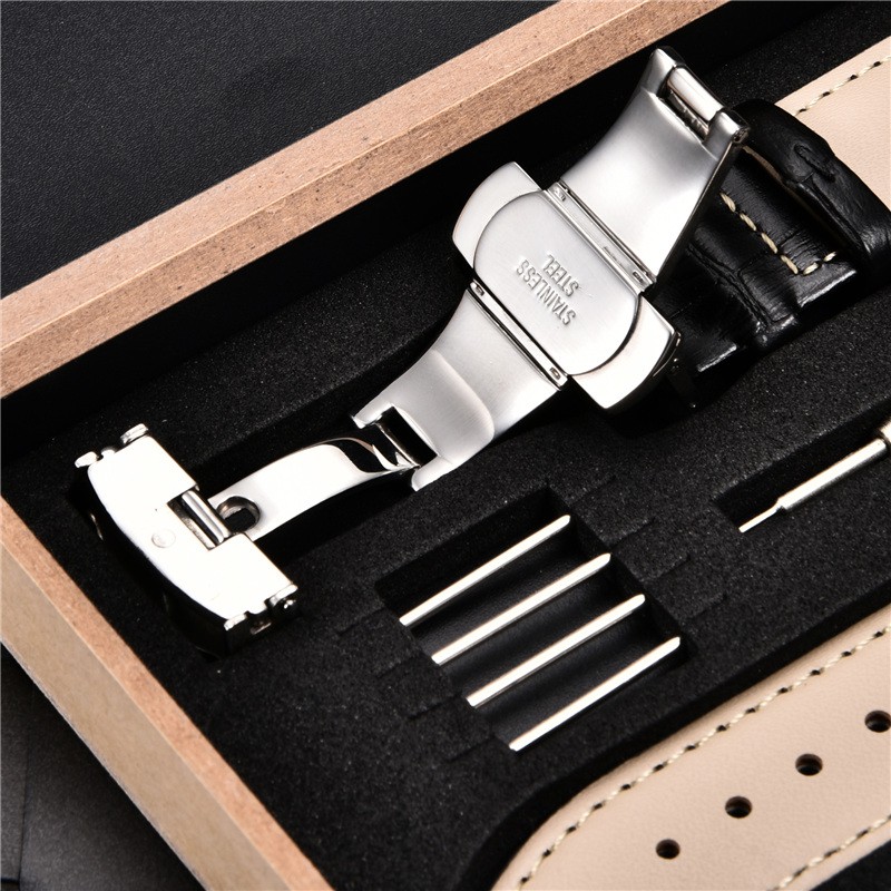 Grain Leather Watches With Stainless Steel Automatic Clasp Men's Watch Bracelet 18mm 20mm 22mm 24mm Gift Watch Box Straps