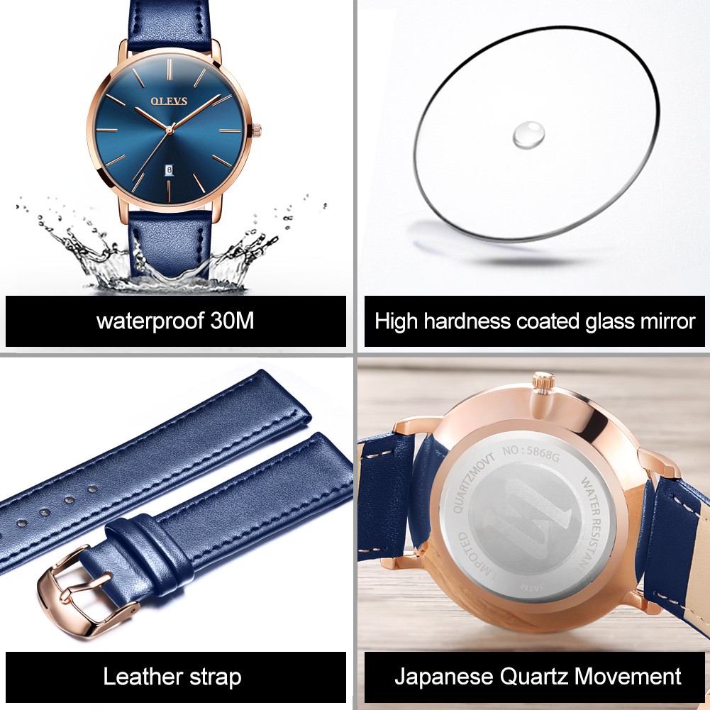 OLEVS Ultra-thin Men Watches Top Brand Fashion Casual Luxury Genuine Leather Japan Quartz Waterproof Wristwatch for Male