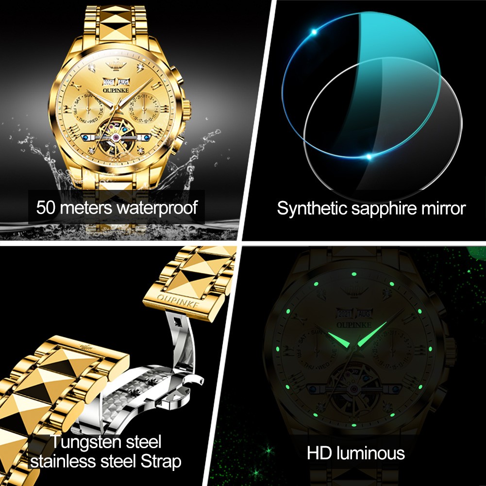 OUPINKE Automatic Men's Watches Mechanical Sapphire Glass Tourbillon Luxury Brand Wristwatch Waterproof relogio masculino 40