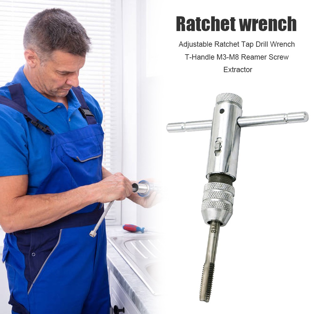 Adjustable Ratchet Tap Drill Wrench T-Handle M3-M8 Lathe Screw Thread Extractor Holder Spanner Metric Screw Hand Hardware