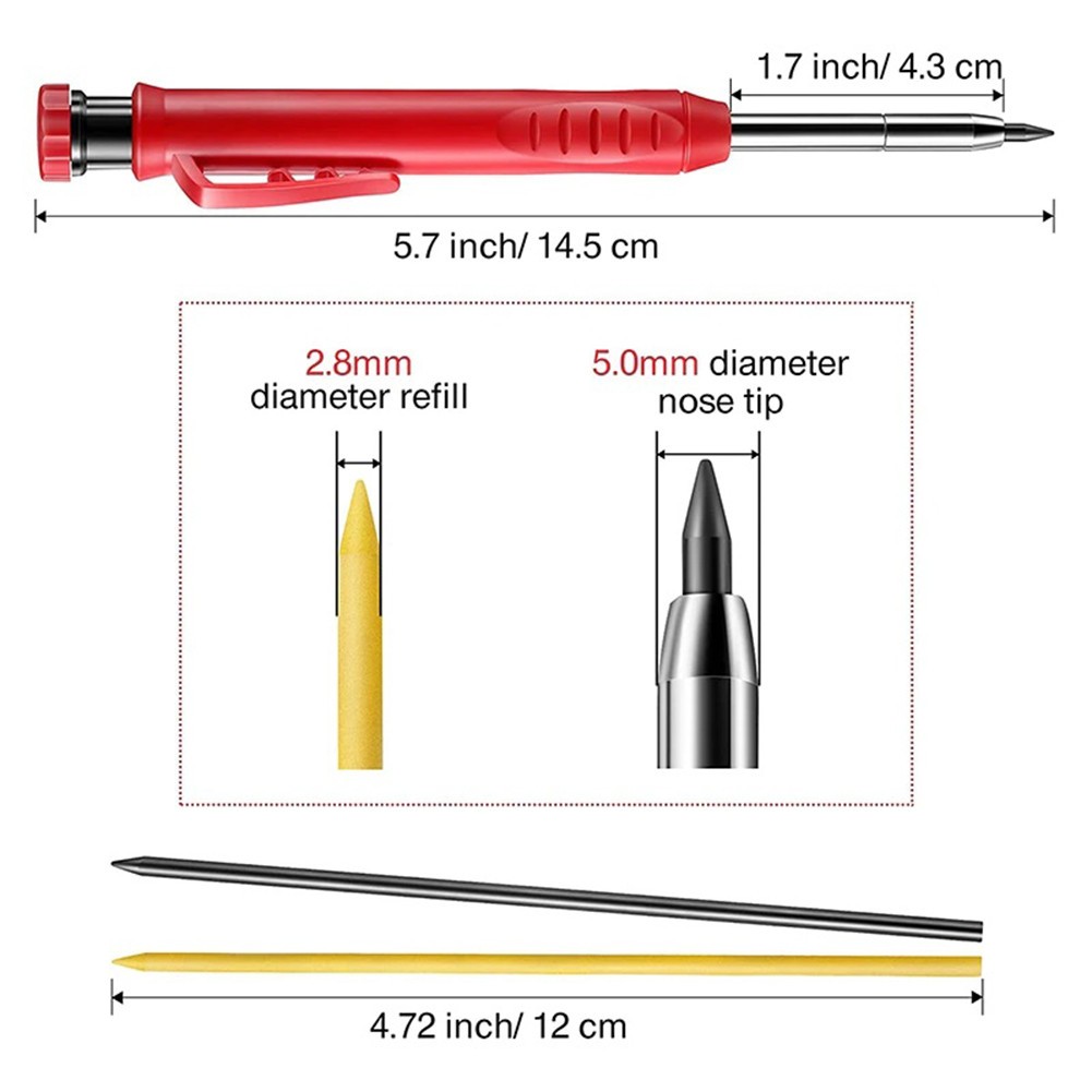 Solid Carpenter Pencil Set with 6 Threaded Refill, Built-in Sharpener, Deep Hole Mechanical Pencil Marker Marking Tool