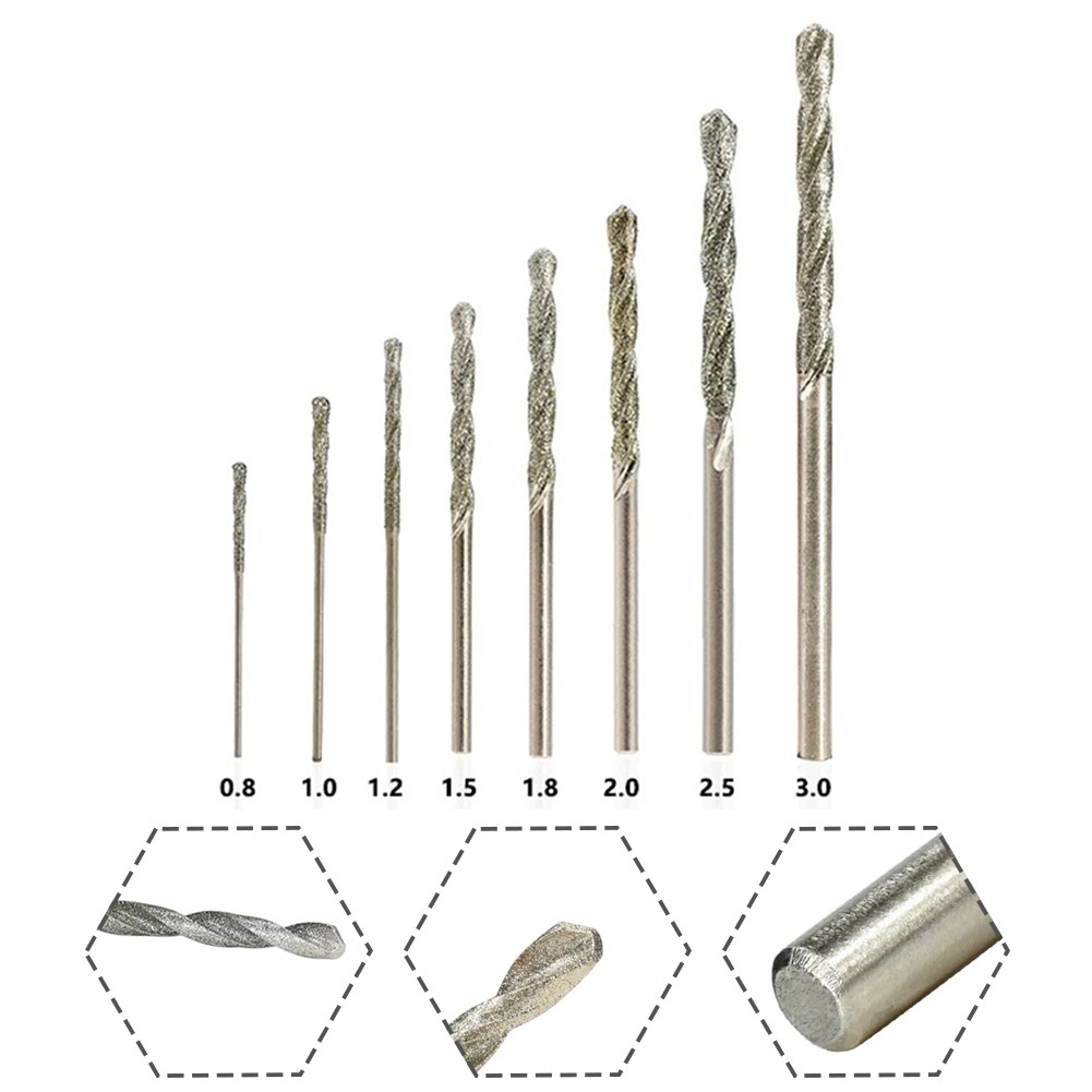 8pcs Diamond Coated Twist Drill Bit 0.8-3.0mm Gun Drill Bit for Glass Tile Stone Hole Cutter for Glass Jewelry Tile Stone