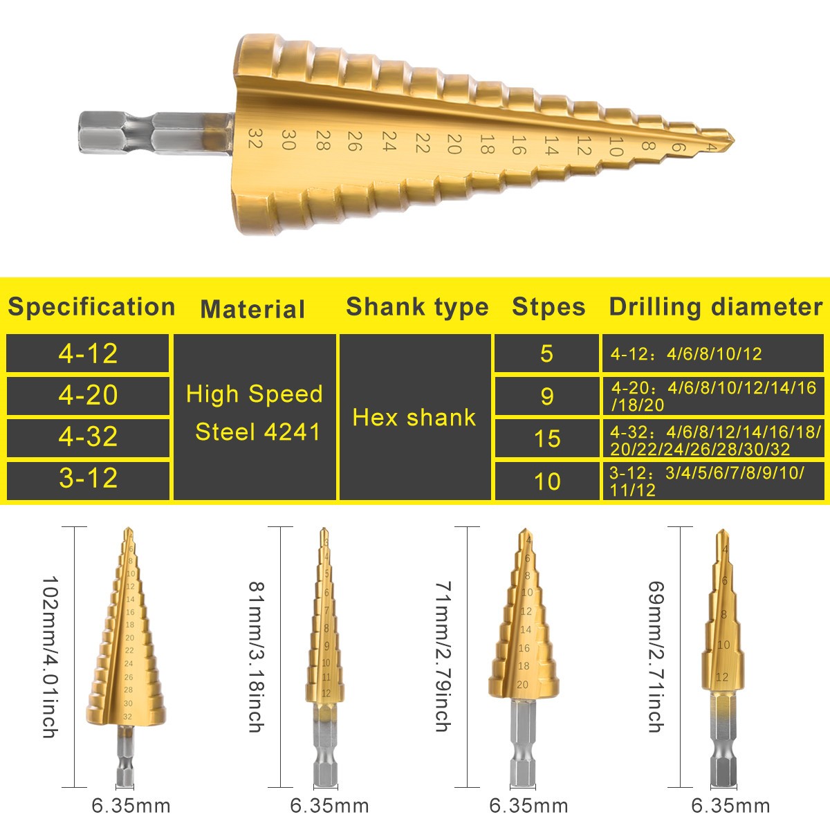 Big Size 4-32mm High Speed ​​Steel Titanium Coated Step Drill Bit For Metal Wood Expanding Hole Cutter Woodworking Power Tools