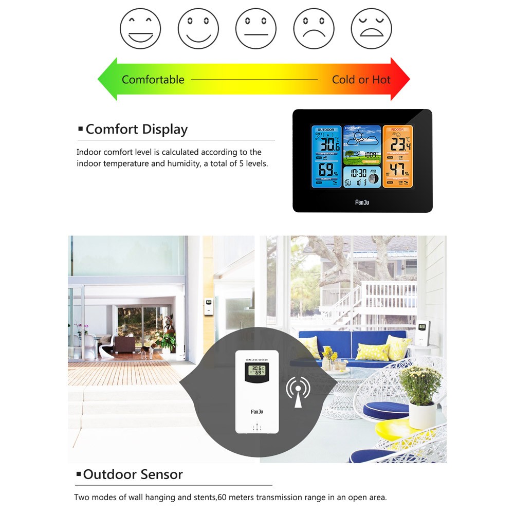FJ3373 متعددة الوظائف محطة الطقس الرقمية LCD ساعة تنبيه داخلي في الهواء الطلق توقعات الطقس مقياس الحرارة مقياس الرطوبة