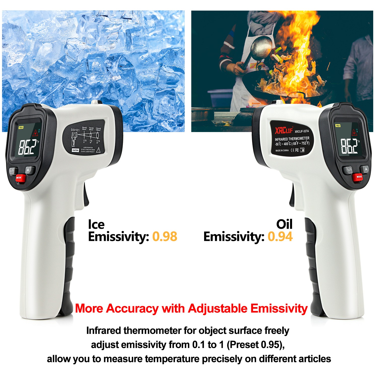 XRCLIF Non-Contact Digital Infrared Laser Thermometer Gun High Low Temperature Alarm -58℃~1112℃ Thermometer Thermometer