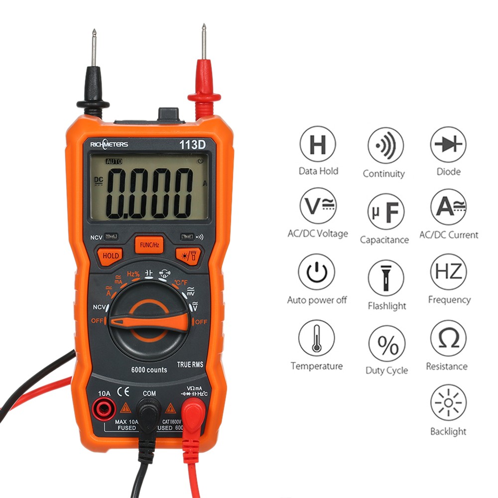 Richmeter RM113D NCV Digital Multimeter 6000 Counts Auto Ranging AC/DC Voltage Temperature Measurement Device with Backlight