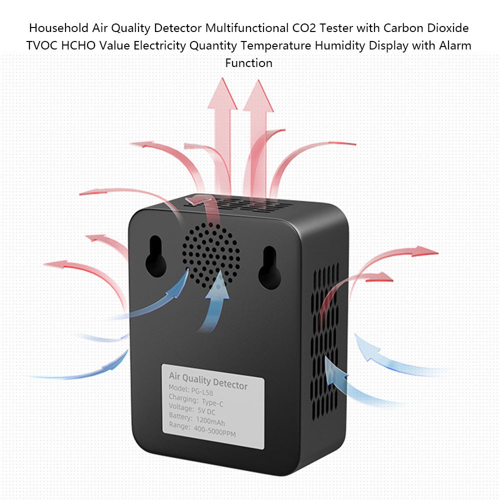 CO2 متر كاشف جودة الهواء CO2 اختبار مع ثاني أكسيد الكربون TVOC HCHO قيمة الكهرباء كمية درجة الحرارة الرطوبة الكاشف