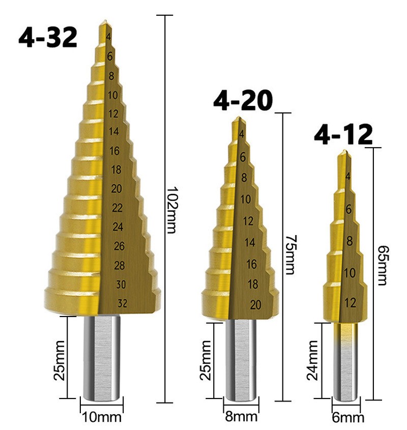 HSS Steel Titanium Step Drill Bit Set 4-12/20/32mm Metal Hole Cutter Wood Cone Core Drill Hole Saw Tool Twist Saw Drill