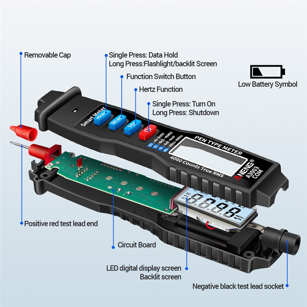 ANENG A3003 Digital Multimeter Pen Professional 4000 Counts Smart Meter With NCV AC/DC Voltage Resistance Capacitance Test