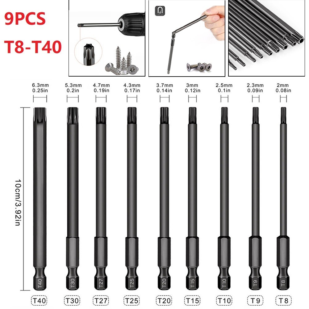 9pcs Screwdriver Bit100mm T8-T40 Screwdriver Bit 1/4'' Hex Shank Wrench Drill Bit for Electric Drill Electric Hand Screwdriver