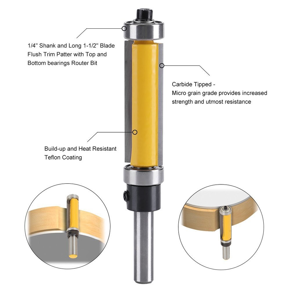 1/4" Shank Milling Cutter Straight Router Bit with Up and Down Bearing Double Bearing Trimming Cutter Woodworking Tools