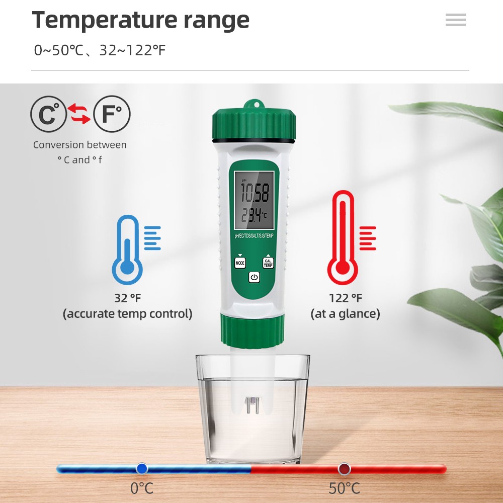 High Accuracy 6 in 1 PH/ EC/ TDS/ Salt/ S.G/ Temperature Test Meter Analyzer Acid Probe Analyzer for Drinking Aquarium 40% Off