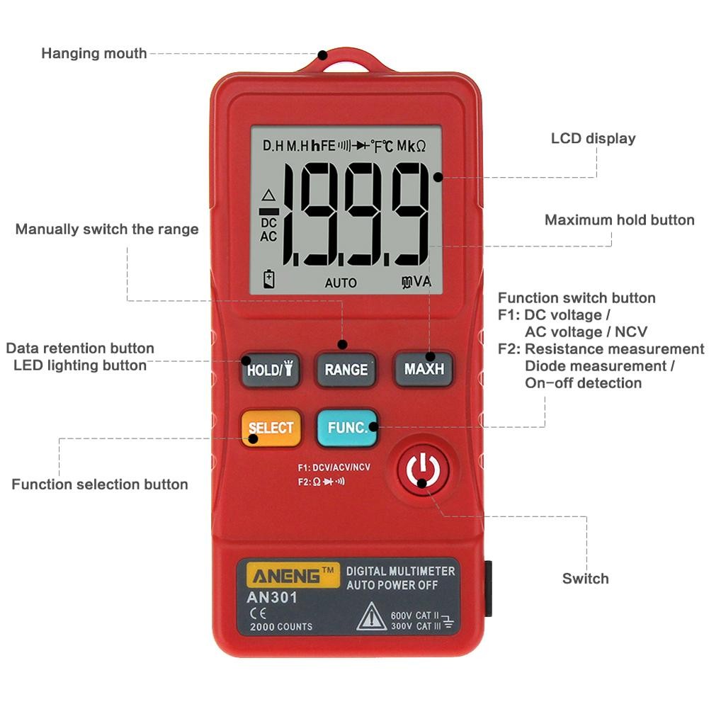 ANENG AN302 المهنية الرقمية المتعدد 7999 عرض تيار مستمر/التيار المتناوب الفولتميتر تستر السعة ديود NCV أوم المقاومة هرتز اختبار