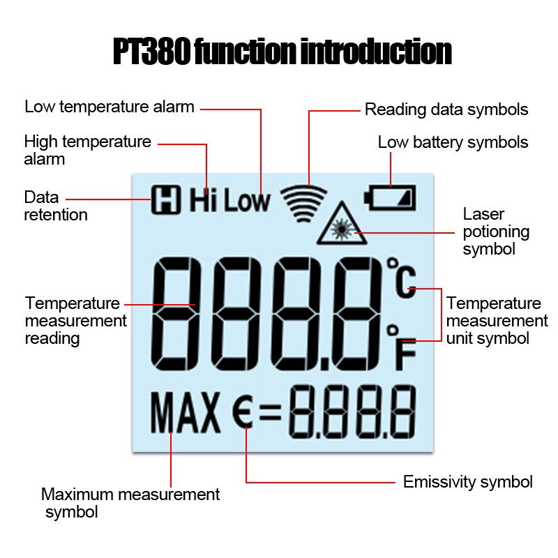 PT380 Professional Non Contact Thermometer Infrared Digital Infrared Laser Thermometer Thermometer Data Hold Body Position