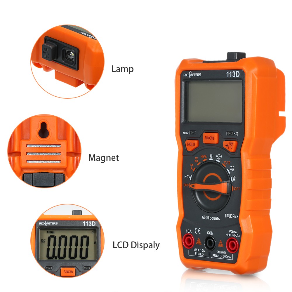 RICHMETERS جهاز القياس الرقمي, جهاز متعدد المتر RM113A/RM113D مع 6000 عد NCV أداة درجة حرارة الجهد مع شفط مغناطيسي وضوء فلاش