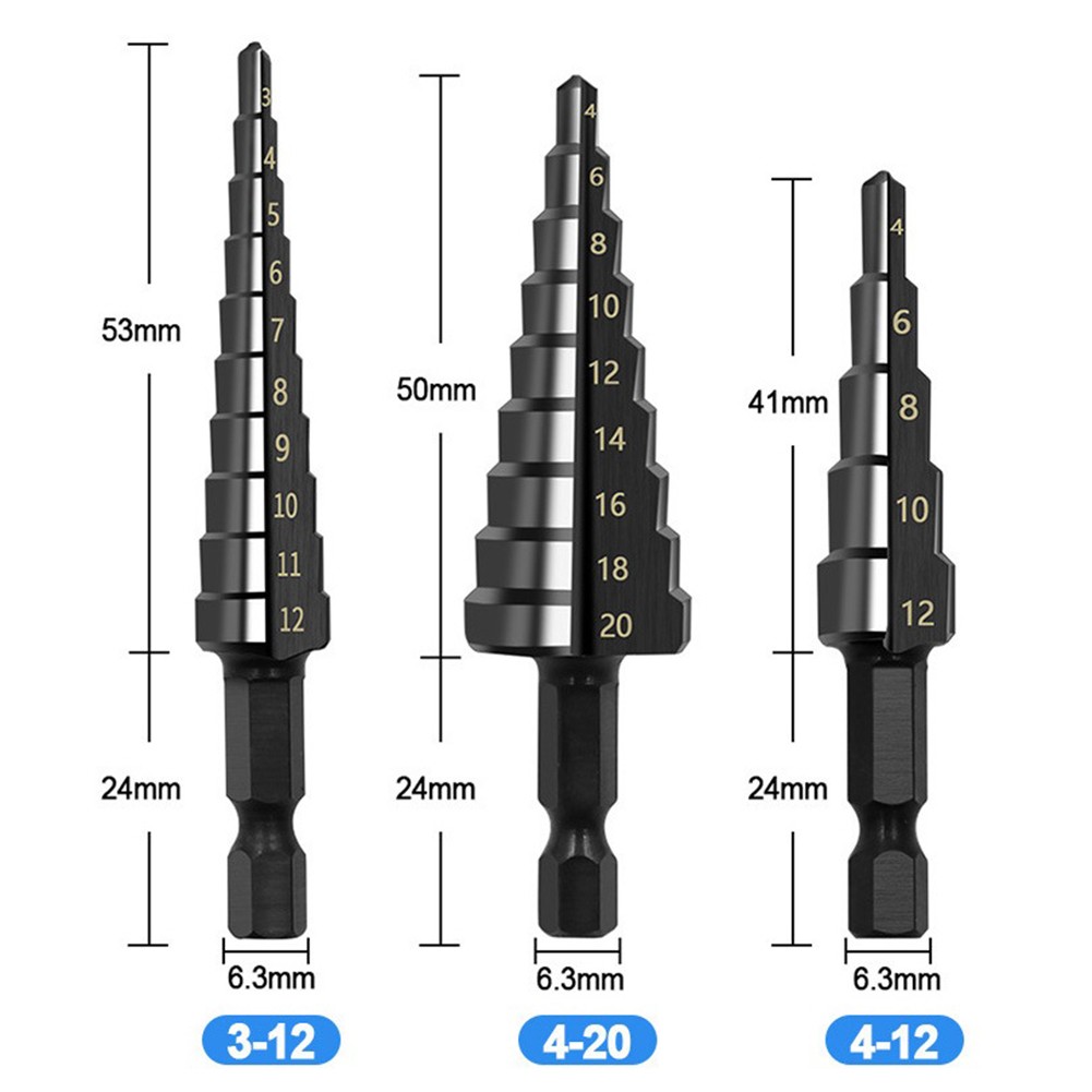 3pcs 3-12mm 4-12mm 4-20mm HSS Steel Nitrogen Coated Step Drill Bit Set Coated Hole Cutter Metal Wood Core Drilling Tools