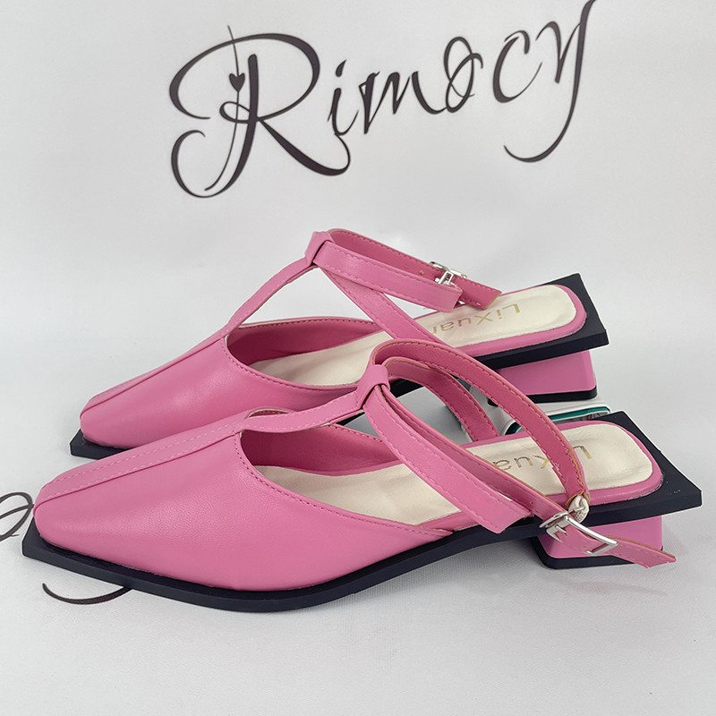 Rimocy Women's Brand Design T-Strap Pumps Summer 2022 PU Square Toe Mid Cake Boxes Woman Mixed Colors Sandalias Mujer Black