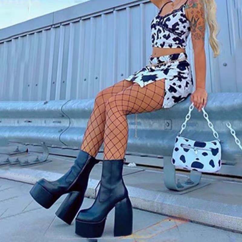 Fashion Women High Heel Shoes Chunky Platform High Top Punk Boots Female Ankle Boots Black Thick Platform Long Knee High Boots