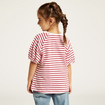 Lee Cooper Striped Round Neck T-shirt with Short Sleeves and Embellished Detail