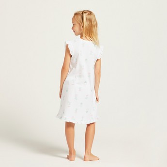 Juniors Print Round Neck Night Dress with Ruffled Sleeves - Set of 2