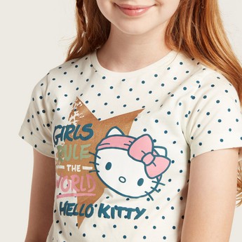 Sanrio Hello Kitty Print Crew Neck T-shirt with Short Sleeves
