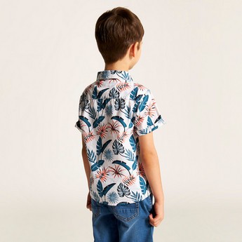 Juniors Tropical Print Shirt with Short Sleeves and Button Closure