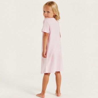 Peanuts Print Night Dress with Crew Neck and Short Sleeves