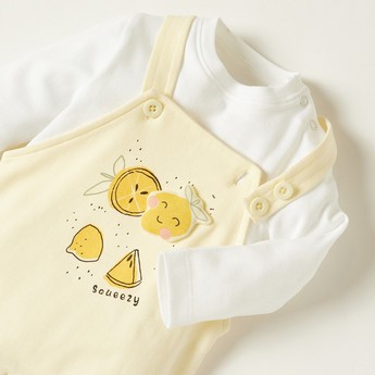 Juniors Solid Crew Neck T-shirt and Fruit Accented Dungaree Set