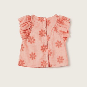 Giggles Embroidered Top with Bow Accent and Ruffles