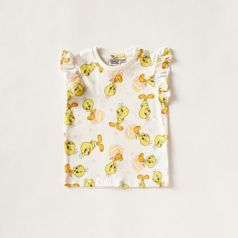 Tweety Print Crew Neck T-shirt with Ruffled Sleeves - Set of 2