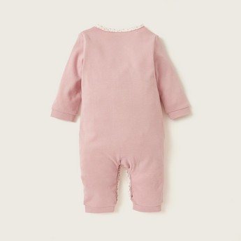 Juniors Solid Sleepsuit with Long Sleeves and Flower Embroidered Detail