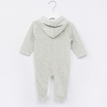 Juniors Bear Embroidery Closed Feet Sleepsuit with Long Sleeves and Hood