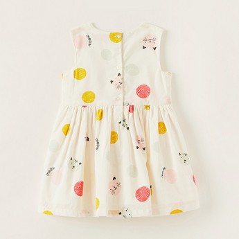 Juniors All-Over Cat Print Sleeveless Dress with Round Neck