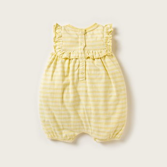 Juniors Striped Sleeveless Romper with Ruffle Detail and Button Closure