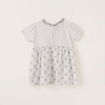 Giggles Polka Dot Print Dress with Puff Sleeves and Tie-Up Belt