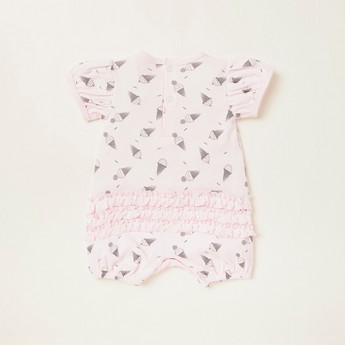 Juniors All-Over Printed Romper with Short Sleeves and Frill Detail