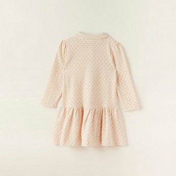 Juniors All-Over Polka Dot Print Knit Dress with Long Sleeves and Polo Neck